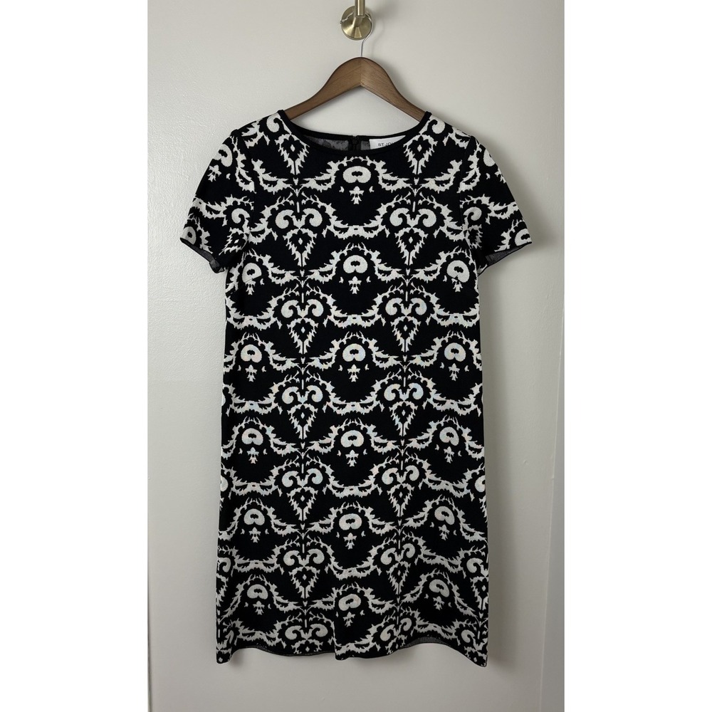 St. John Jacquard Knit Dress Short‎ Sleeve Black Beige Pattern Lux Minimal Sz 6